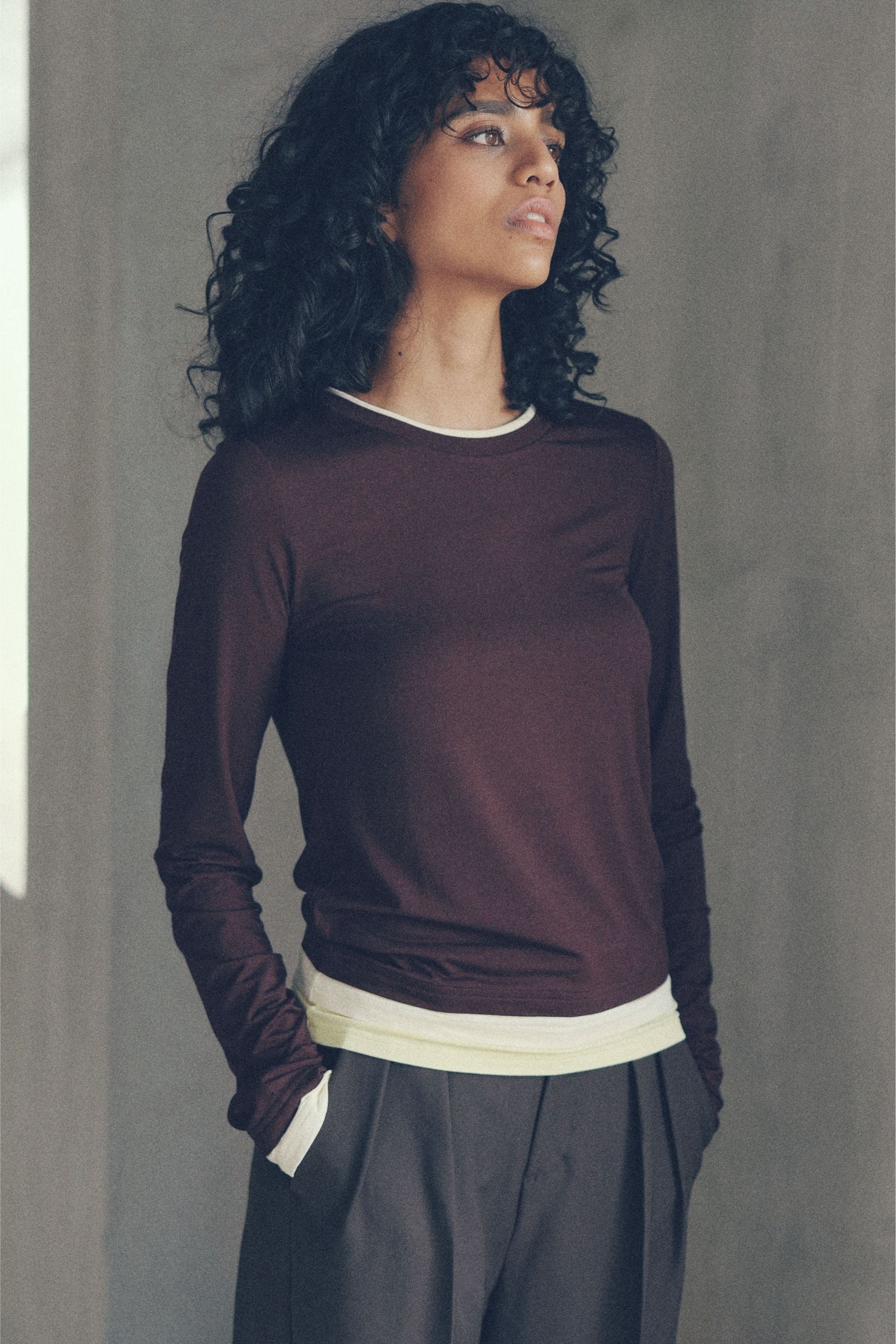 Bicolor long-sleeved tee【Brown】