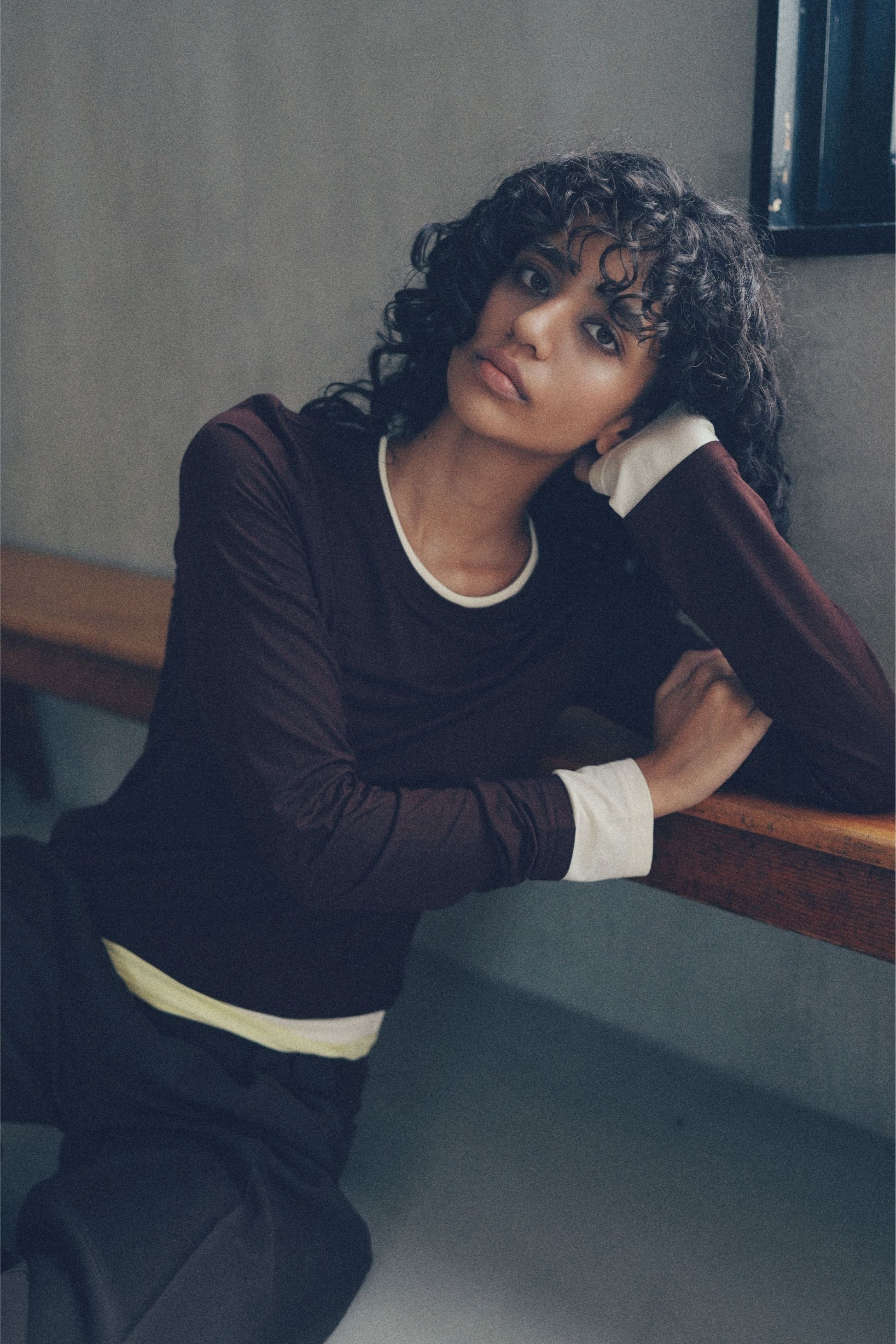 Bicolor long-sleeved tee【Brown】