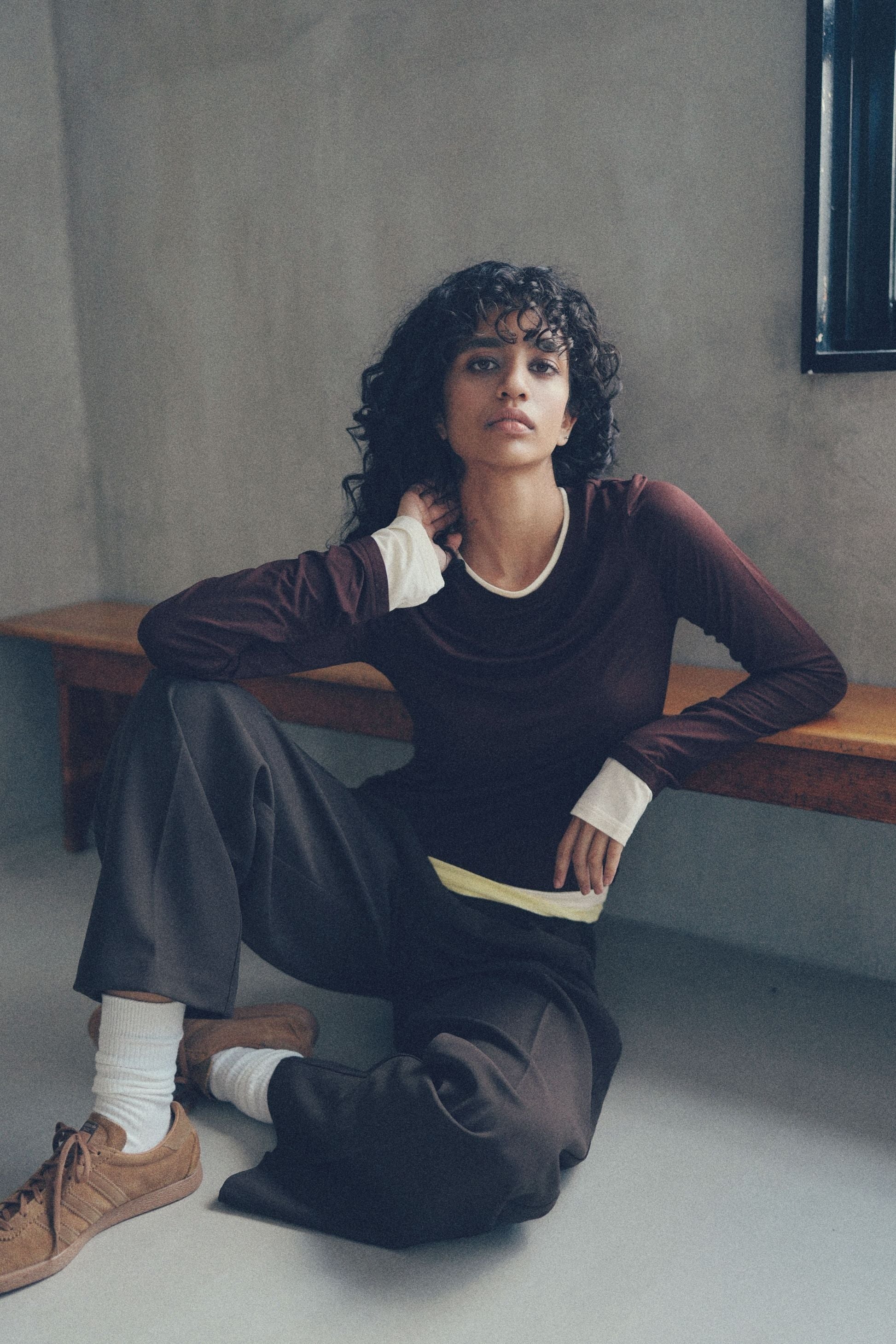 Bicolor long-sleeved tee【Brown】