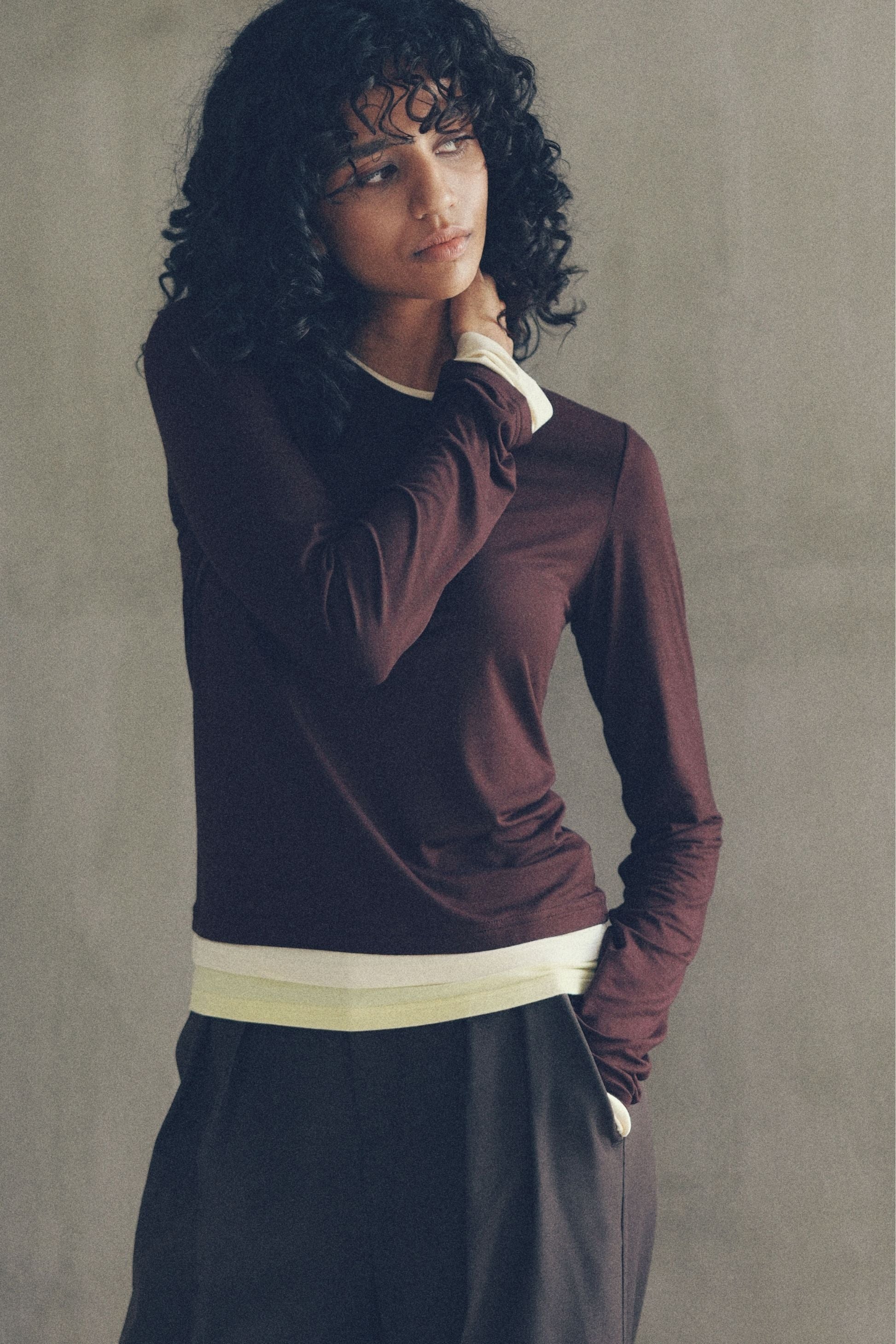 Bicolor long-sleeved tee【Brown】