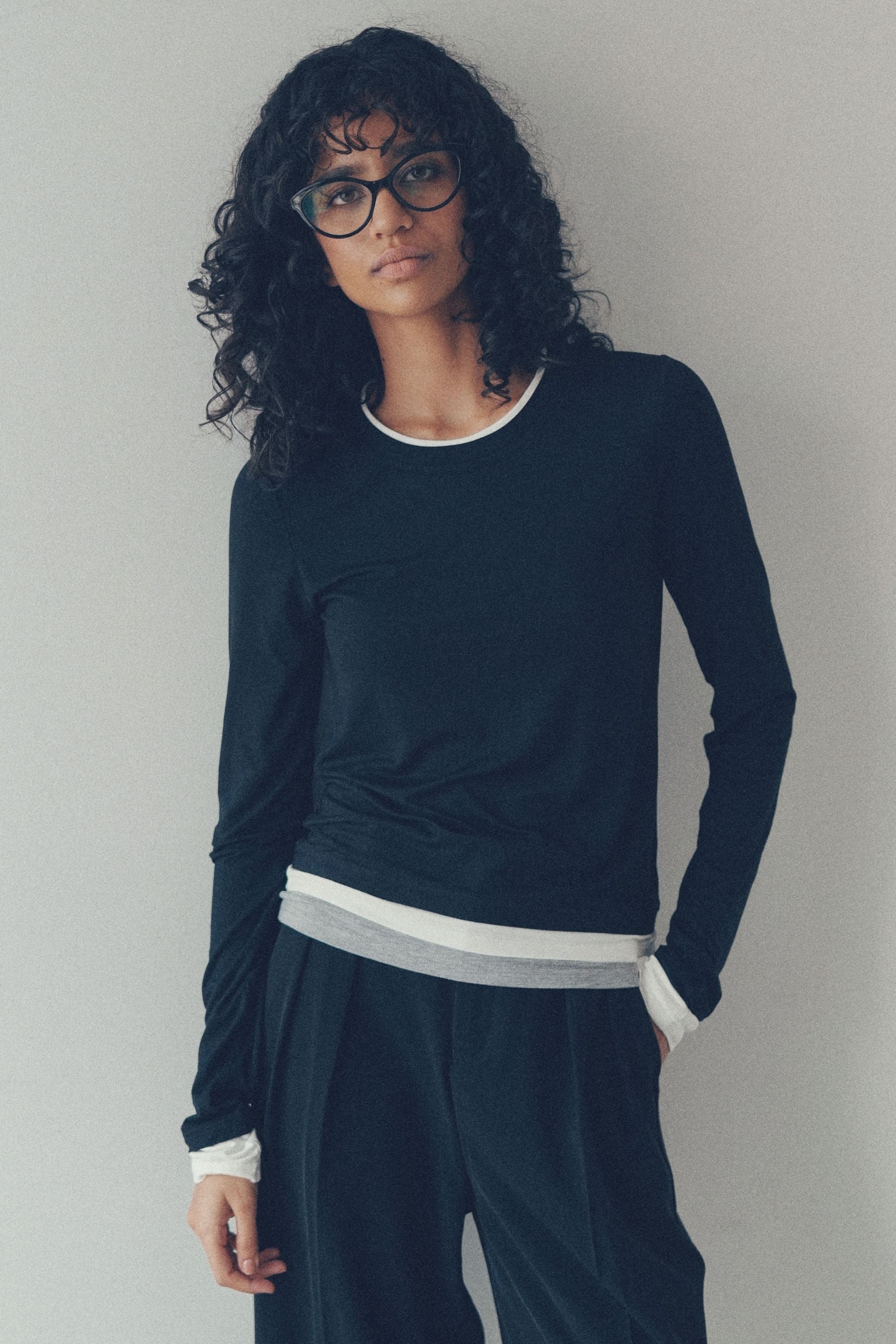 Bicolor long-sleeved tee【Black】