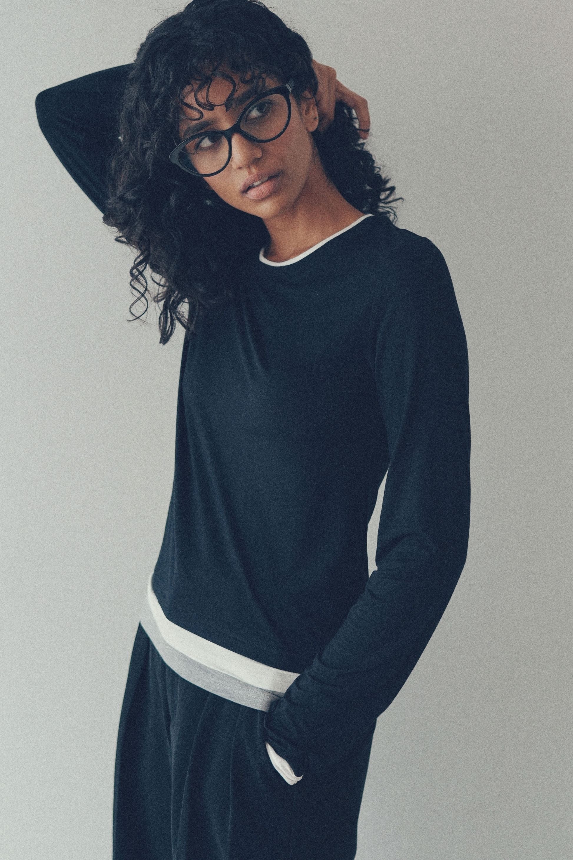 Bicolor long-sleeved tee【Black】