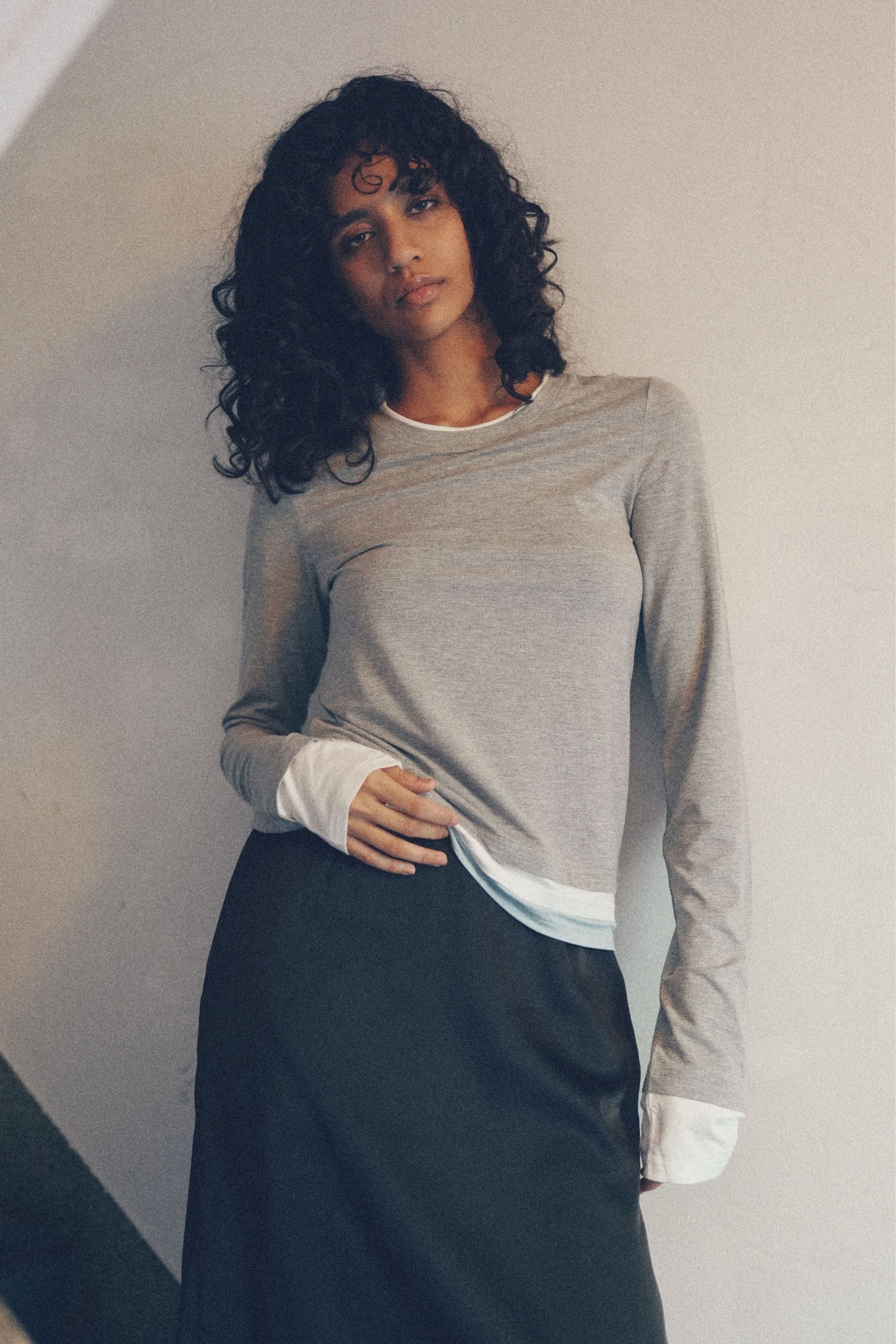 Bicolor long-sleeved tee【Gray】