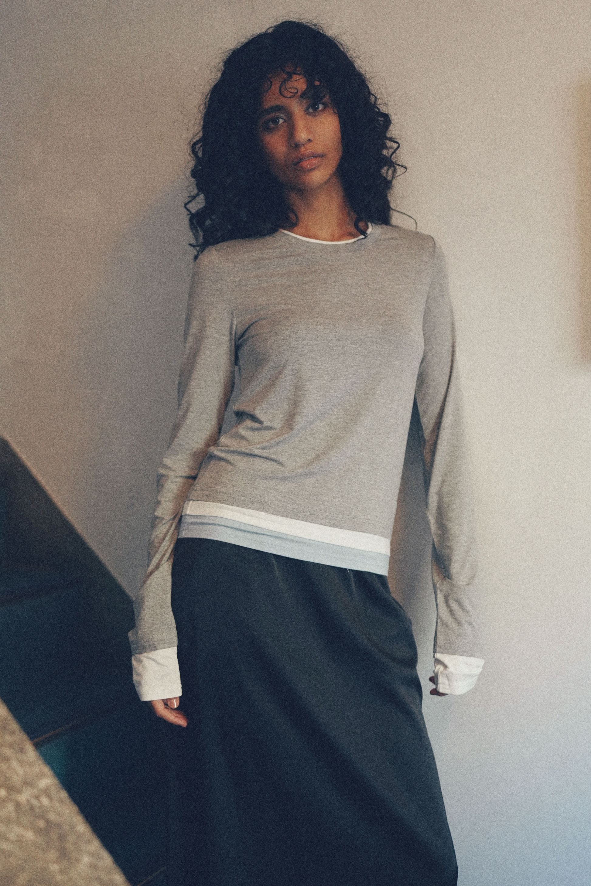 Bicolor long-sleeved tee【Gray】