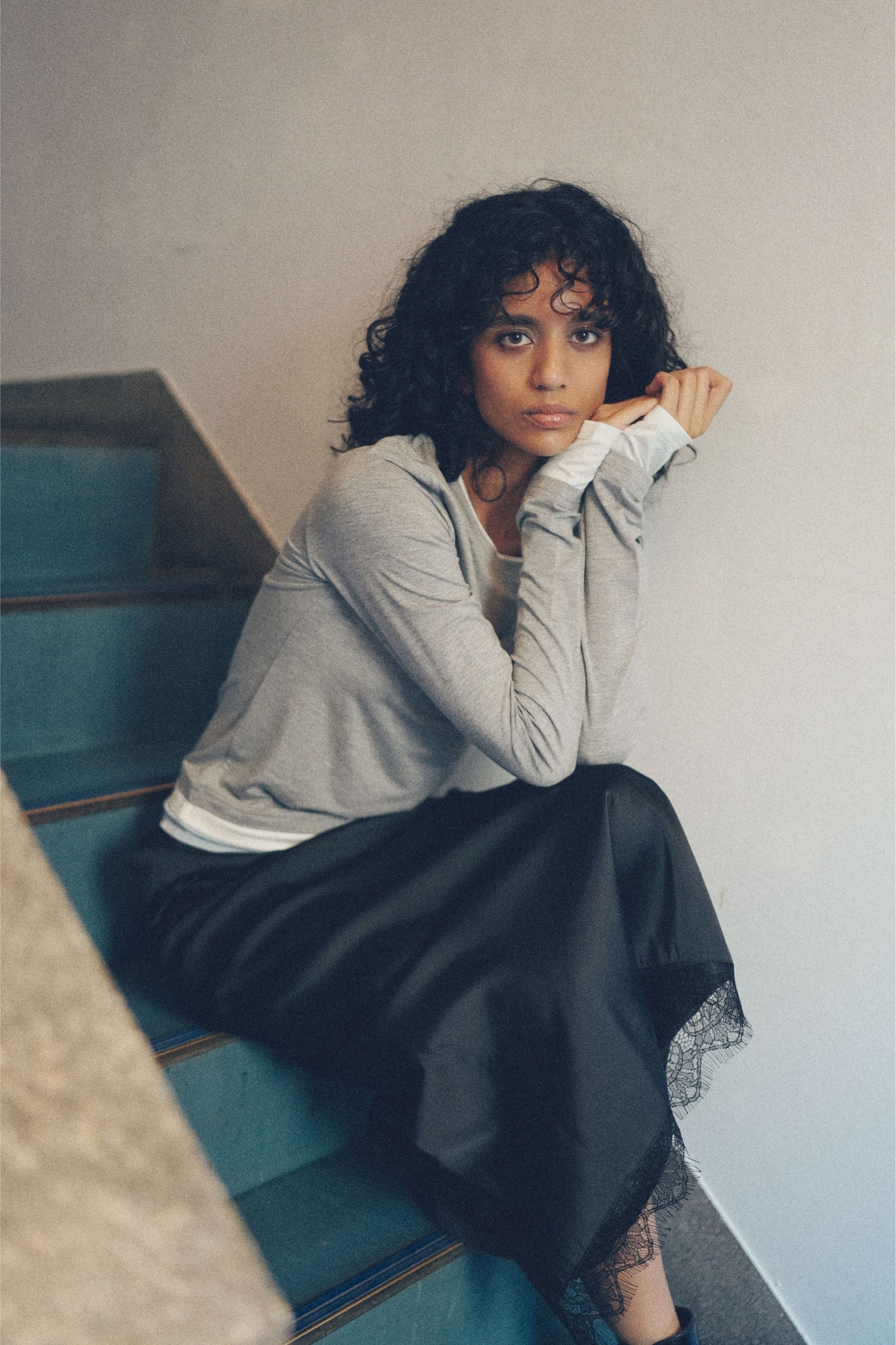 Bicolor long-sleeved tee【Gray】